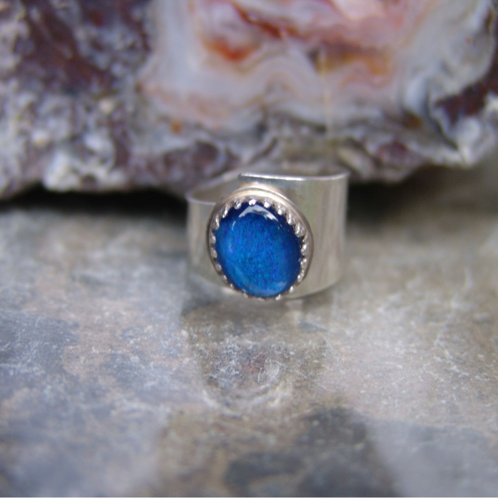 Blue Opal 925/Sterling Silver Wide Band Ring size 6 1/2